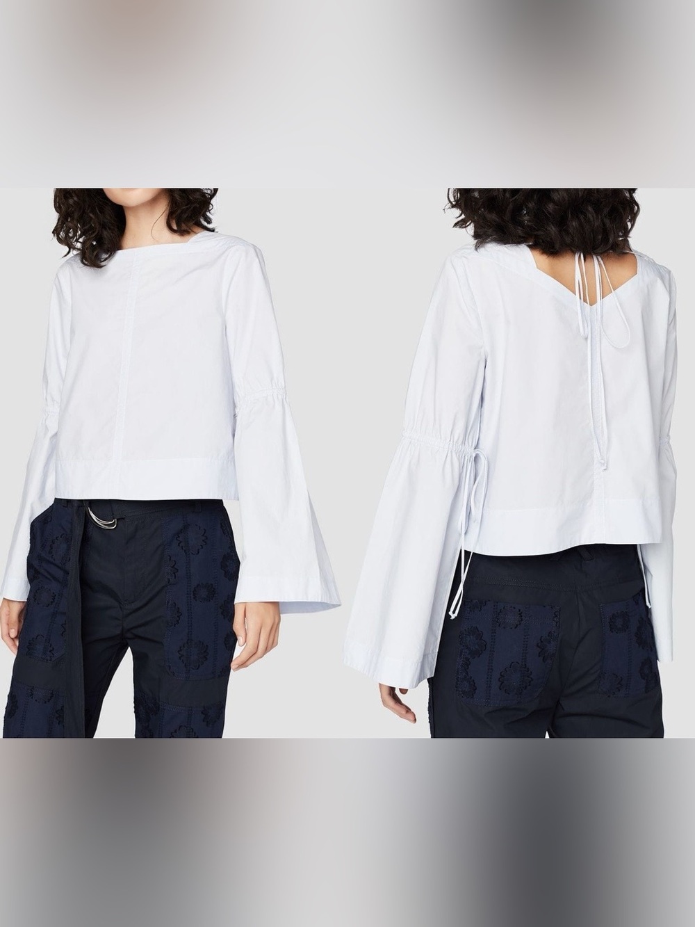 DEREK LAM 10 CROSBY 100% Cotton Crisp Poplin Long Bell Sleeves Ties White Size 8